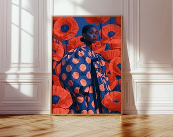 大胆なオレンジ色のポピーのウォールアート、ファッションにインスパイアされたデジタルプリント、ダウンロード