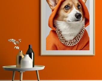 Hip Hop Corgis in Gold Kette - Lustiger Hund Wand Kunst, Geschenk für Tierliebhaber