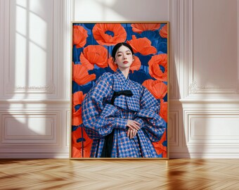青とオレンジのモダンな肖像画、デジタルポスタープリント、壁掛けアート