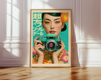 日本のポップアートポスター、カメラガールのイラスト、花柄の壁飾り