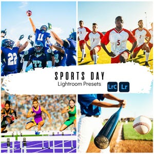 Pode incluir: Uma colagem de imagens esportivas: futebol americano, futebol, atletismo e beisebol. O texto "SPORTS DAY" e "Lightroom Presets" é exibido. A imagem retrata esportes e atividades atléticas.