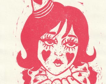 The Jester Linocut Print | Whimsical Hand Carved Wall Art, Hot Pink Home Decor