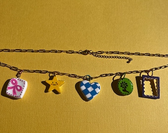 Checkered Love Polymer Clay Charm Necklace: Hand-Painted Star, Gold Chain