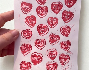 Conversation Hearts Lino Print: Valentine's Day Wall Art