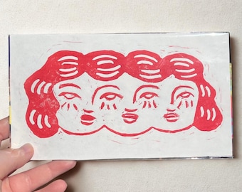 3 Sisters Lino Print – Hand Printed Art – Archival Paper – Red, Blue, Black – Limited Edition