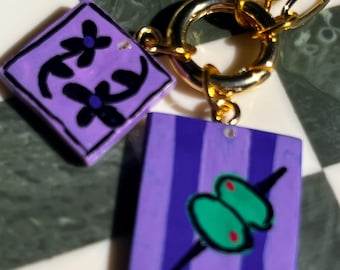 Handmade Purple Tile Necklace | Polymer Clay Charm, Olive Illustration