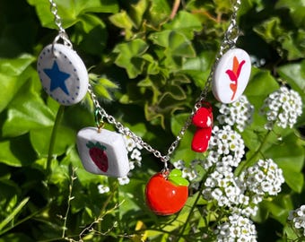 Handmade Polymer Clay Charm Necklace: Star & Fruit, Silver Chain