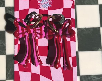 Pink and Red Striped Bow Huggie Earrings