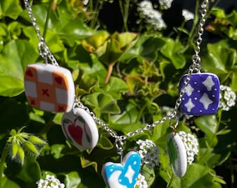 Handmade Celestial Polymer Clay Charm Necklace: Starry Silver Chain