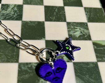 Handmade Purple Heart Face Charm Necklace | Polymer Clay, Black Star