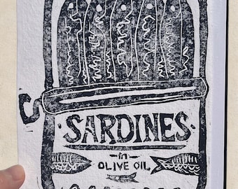 Sardines Lino Print – Hand Printed Art – Archival Paper – Red, Blue, Black – Limited Edition