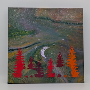 May include: Square canvas art featuring a night scene with a forest silhouette. The artwork has a swirling, textured background in shades of green, gold, and purple. A crescent moon and stars are visible. The forest is rendered in shades of red and orange.