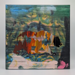 May include: A square canvas painting featuring a bear silhouette filled with a forest landscape. The bear is rendered in warm tones of orange, brown, and yellow, while the background displays textured horizontal brushstrokes in green, blue, and pink.