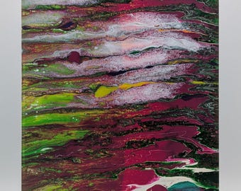 Pintura abstracta con técnica de vertido fluido en acrílico sobre lienzo de 9" x 12" (n.° 321 - Luna llena en una noche nublada)
