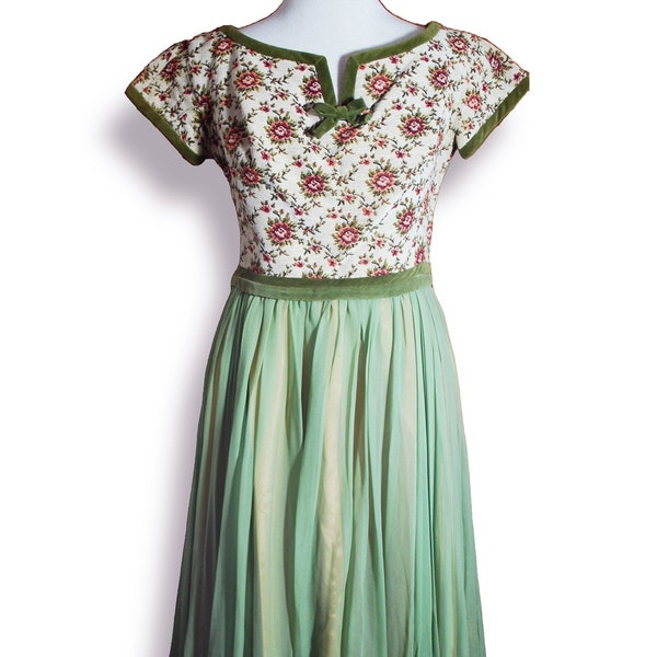 Vintage 1950s Party Dress/ Tapestry Top with Lined Chiffon Skirt/ Velvet Trim/ Size S