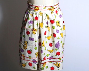 Vintage Cotton Half Apron, 1960s Fruit Print, Handmade