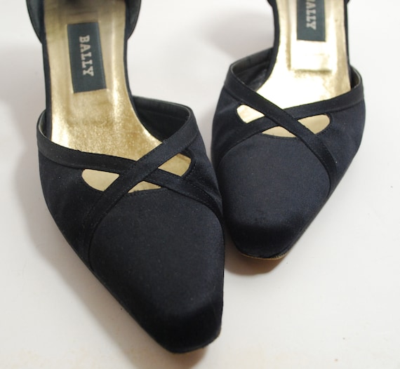 Bally, Vintage Bally Black Satin Heels, Ankle Strap Designer Shoes, Size 7N