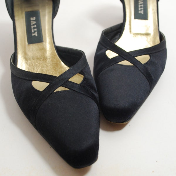 Vintage Bally Black Satin Heels/ Dress Shoes/Designer/ Made in Italy/ Wedding/ Ankle Straps/ Open work/ Size 7N