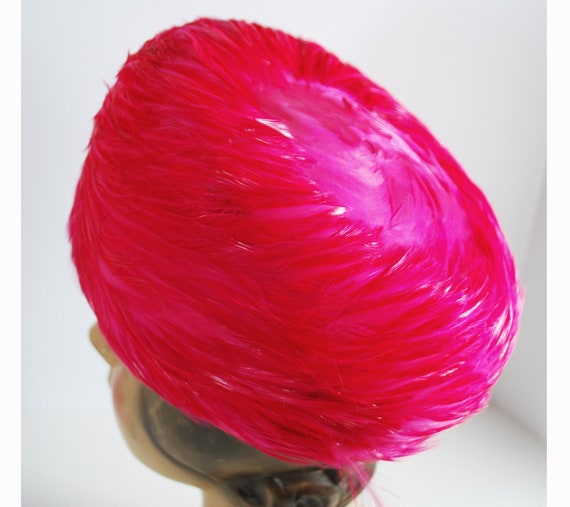 Vintage 1960s Hot Pink Feathered Womens Pillbox H… - image 6