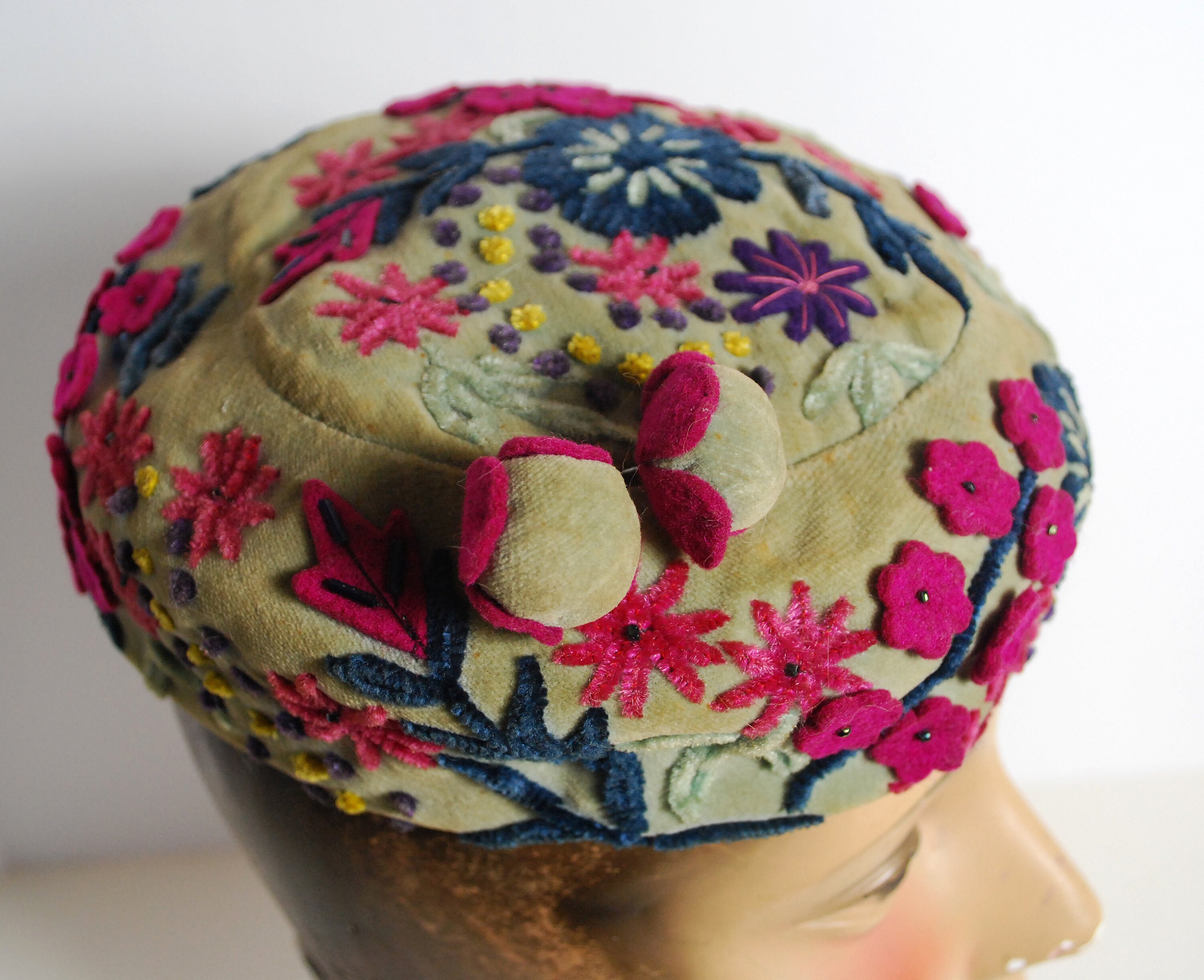 Vintage Embroidered Pillbox Hat Teal Velvet Gold Boho Festival Headpiece Ethnic