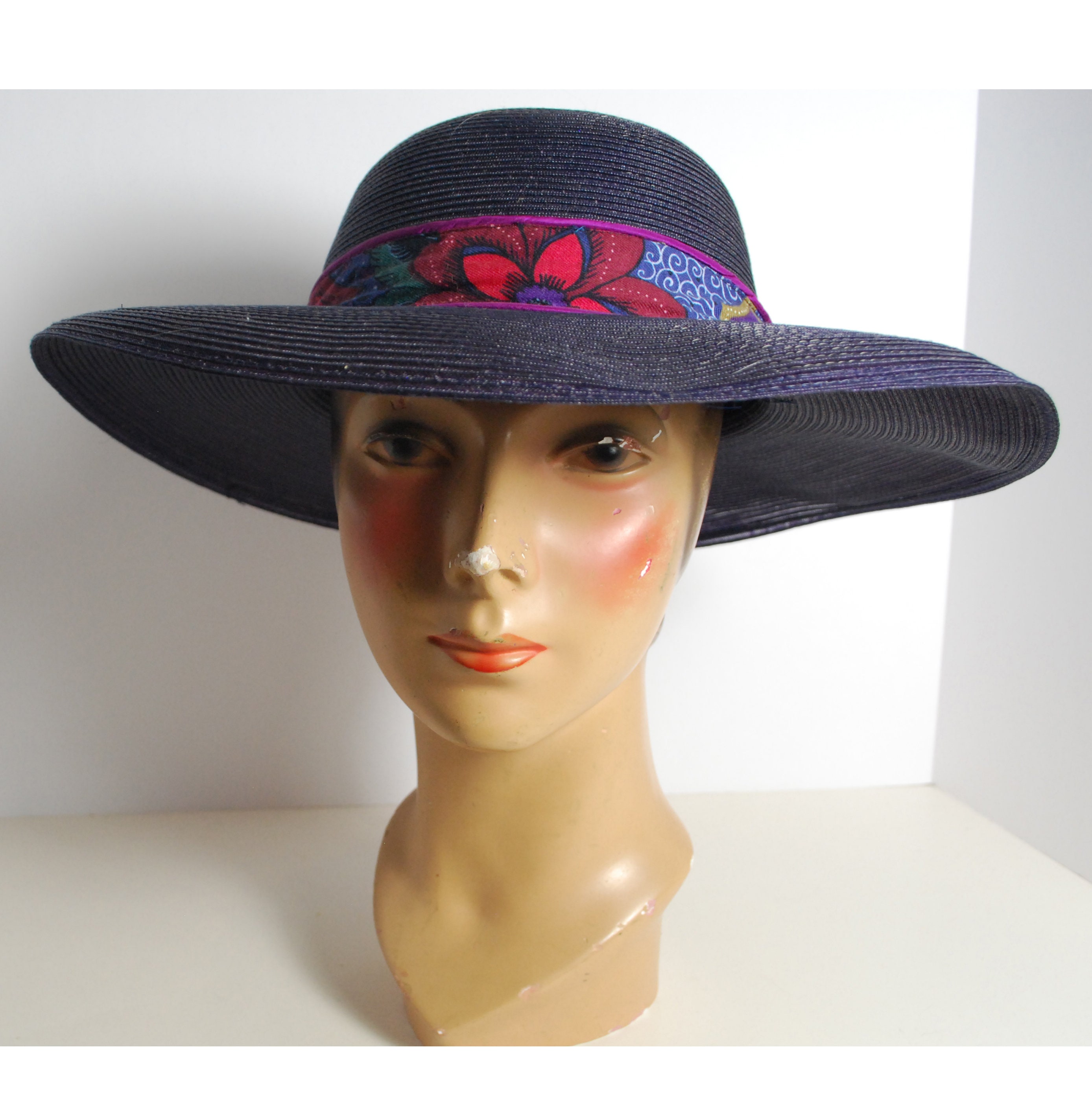 Vintage Navy Straw Wide Brim Hat With Floral Band & Swan Pin - Etsy