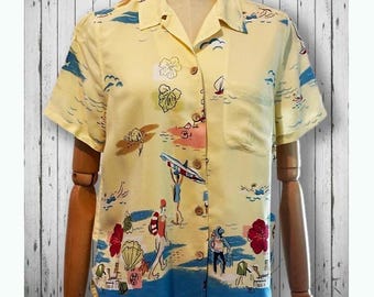 Vintage Hawaiian Print Shirt, Buttercup Yellow, Summer Fun (Size S/M)