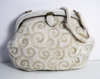Sac de soirée Josef vintage avec perles, tourbillons crème et blancs, années 30-50