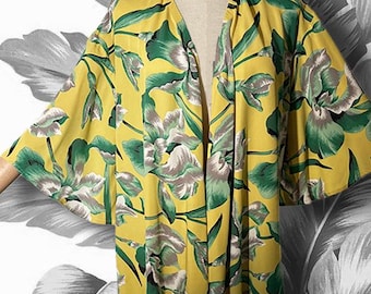 Vintage Handmade Kimono Top: Electric Yellow Floral, Bell Sleeves (S/M)