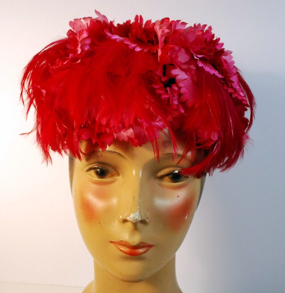 Feathers and Flowers Hot Pink 1960s Designer Hat/… - image 3