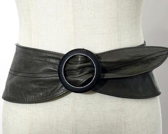 Vintage Wide Leather Dark Olive Belt/ Slip through Buckle/ Adjustable/ Made in Germany
