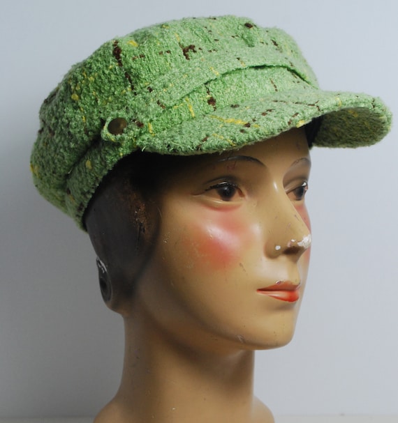 Vintage Newsboy Cap/ Soft Green& Brown Tweed/ Hat… - image 1