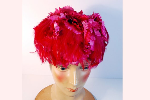 Feathers and Flowers Hot Pink 1960s Designer Hat/… - image 2
