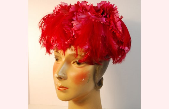 Feathers and Flowers Hot Pink 1960s Designer Hat/… - image 1