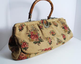 Sac vintage en toile de jute floral peint à la main avec poignée en bois