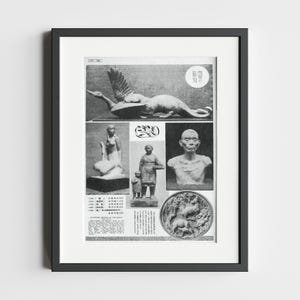 May include: A framed black and white print featuring various sculptures and illustrations. The print includes images of a winged creature, a mermaid, a man with a child, a bust, and a circular relief with animal figures. The print has Japanese text.