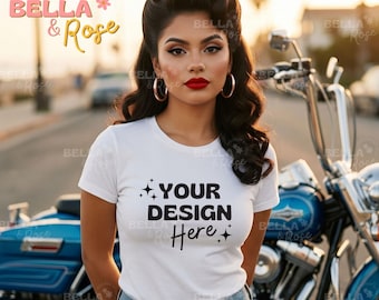 Women's White T-Shirt Mockup, Bella and Canvas White 3001 T-shirt mockup, Latina woman Mockup, Chicana T-Shirt Mockup, Mexican Woman Mockup.