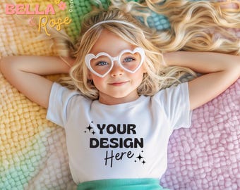 Kid's St. Patrick's Day Mockup, White T-Shirt Mockup, Bella and Canvas 3001T Mockup, Girl T-shirt Mockup, St. Patrick's Day Mockup.