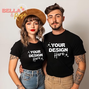 Couple Mockup, Husband Wife T-Shirt mock, Mom Dad T-Shirt mockup, Couple T-Shirt mock, Black T-Shirt, Bella and Canvas 3001 Mockup, Couple.