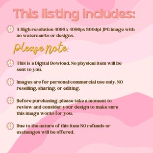 Puede incluir: Imagen de descarga digital rosa y blanca con texto. El texto dice "This listing includes:" y "Please Note:" seguido de detalles sobre la imagen, incluyendo resoluci&oacute;n, derechos de uso y pol&iacute;tica de reembolso.