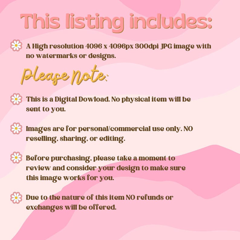 Puede incluir: Imagen de descarga digital rosa y blanca con texto. El texto dice "This listing includes:" y "Please Note:" seguido de detalles sobre la imagen, incluyendo resoluci&oacute;n, derechos de uso y pol&iacute;tica de reembolso.