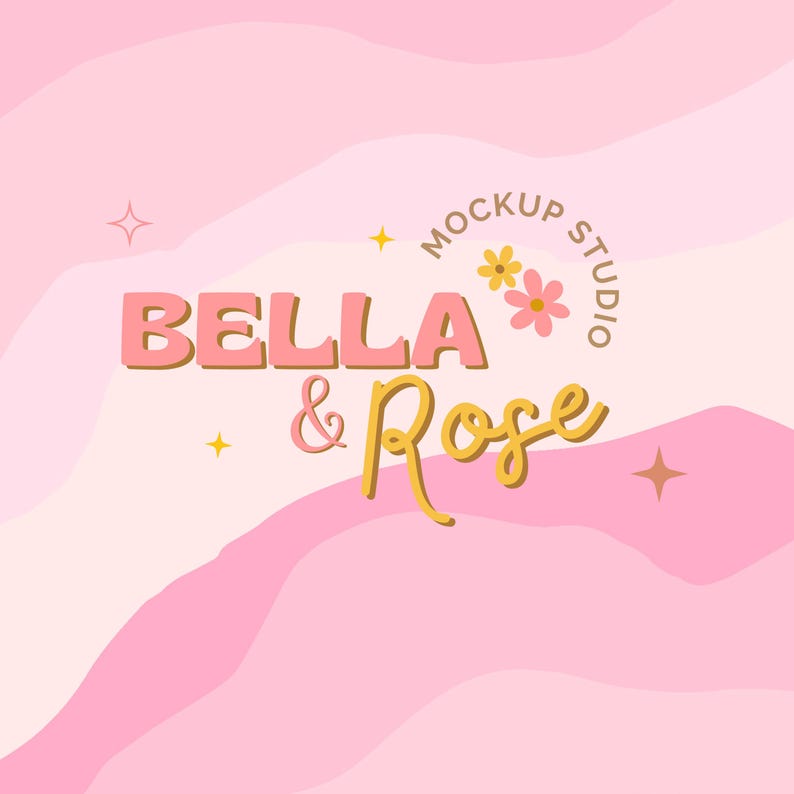 Puede incluir: Gr&aacute;fico rosa y melocot&oacute;n con las palabras "BELLA & Rose" en una fuente l&uacute;dica. El texto se establece sobre un fondo ondulado, con "MOCKUP STUDIO" en semic&iacute;rculo arriba. Tambi&eacute;n se incluyen estrellas y flores decorativas.