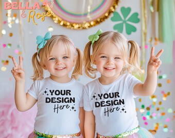 Kid's St. Patrick's T-shirt Mockup, Sibling Mockup, White T-Shirt Mockup, Sisters Mockup, 3001T Mockup, T-Shirt Mockup, St. Patty's Day mock