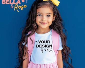 May include: A young girl with long, dark hair and a yellow bow smiles at the camera. She wears a white t-shirt with the text "YOUR DESIGN Here" and a pink skirt. A pink backpack is on her shoulders, against a blue background.