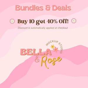 Puede incluir: Un gr&aacute;fico rosa y blanco con el texto "Bundles & Deals". Tambi&eacute;n dice "&iexcl;Compra 10 y obt&eacute;n un 40% de descuento!" y "El descuento se aplica autom&aacute;ticamente al finalizar la compra". El logotipo de Bella & Rose tambi&eacute;n es visible.