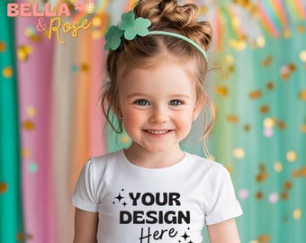 Kid's St. Patrick's Day Mockup, White T-Shirt Mockup, Bella and Canvas 3001T Mockup, Girl T-shirt Mockup, St. Patrick's Day Mockup.