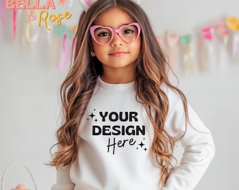 Kid's Easter Mockup, White Sweatshirt Mockup, Gildan 18000B Mockup, Girl Sweatshirt Mockup, Easter T-Sweatshirt Mockup, Easter Mockup.