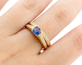 Unique Sapphire and Diamonds Wedding Rings Set, 14K / 18K Gold Engagement Rings, Vintage Bridal Rings Set, Promise Ring For Her