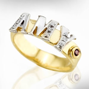 Joias com nome personalizado, anel com nome de ouro para mulheres, anel com nome com pedra de aniversário, anel de ouro personalizado, anel com pedra de aniversário, anel com nome de pedra preciosa dourado.