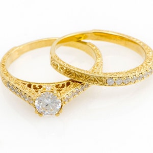 Unique Vintage Wedding Rings Set, Bridal Rings Set, Stackable Rings Set, Promise Ring, Filigree Engagement Ring Set, 14k/18k Engagement Ring