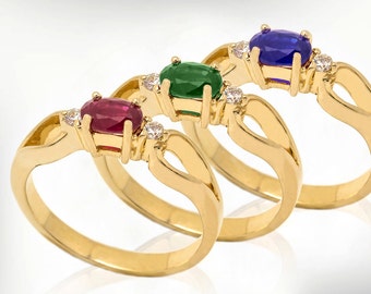 Birthstone Engagement Ring, 9K/14K Gold Women Engagement Ring, Emerald, Ruby, Sapphire Bridal Ring, Promise Anniversary Ring
